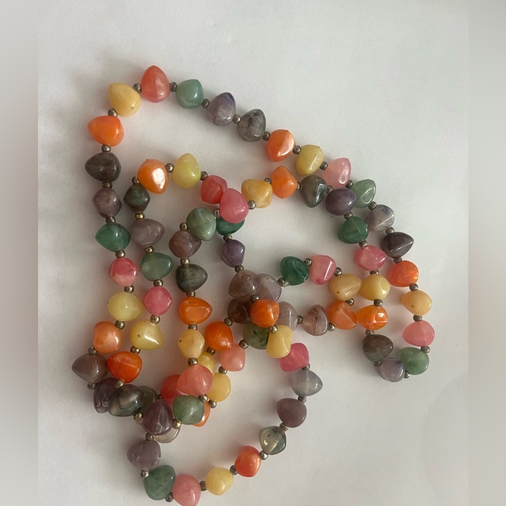 Vintage rainbow colored 72” necklace orange,green,yellow,pink,purple and clear.